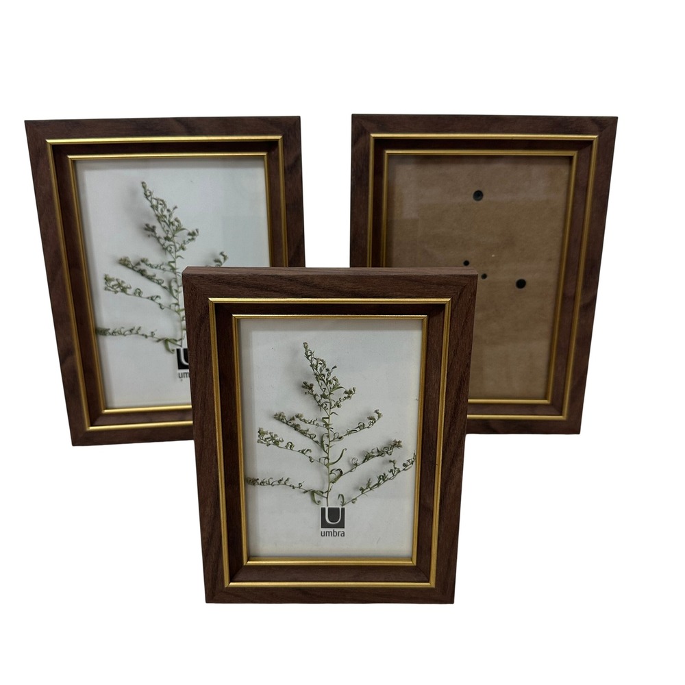 Umbra Wood Picture Frames Set of 3 Walnut Gold Trim 5x7 4x6 Tabletop Decor